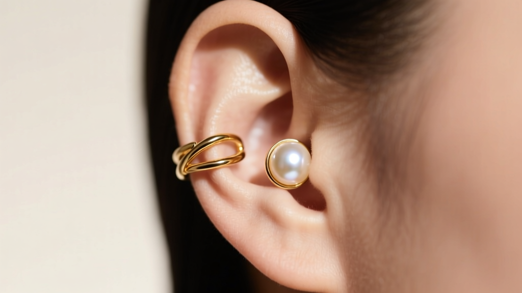 Macro shot of 14k gold pearl ear cuff wrapping around upper ear cartilage, soft natural lighting, elegant minimalist aesthetic.