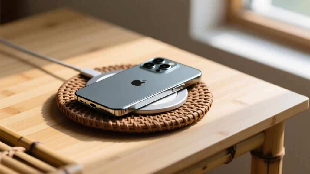 Close-up of a smartphone resting on a woven hemp and recycled aluminum wireless charging pad on a minimalist bamboo desk