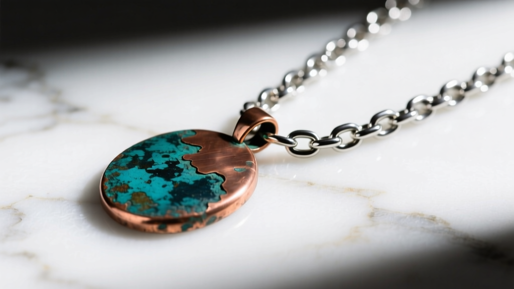 Macro shot of a tarnished copper alloy pendant next to a pristine 316L stainless steel chain on white marble, high contrast lighting