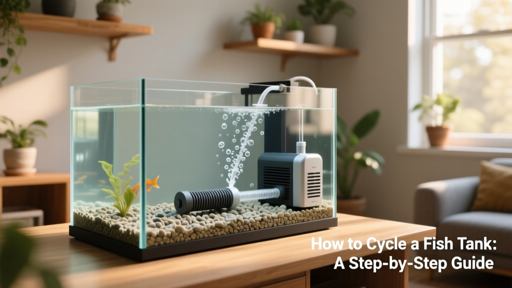 A clean, newly set up freshwater aquarium with filter, heater, and substrate—no fish yet
