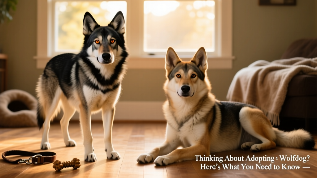 Side-by-side comparison showing physical differences between a high-content wolfdog (sharper features, thicker coat) and a low-content wolfdog (softer expression, more dog-like build)