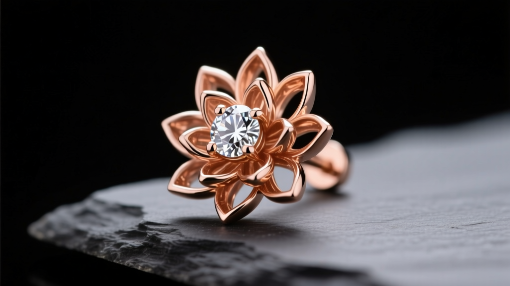 Macro shot of an 18K rose gold lotus flower stud earring with pavé diamond center, resting on dark slate under soft studio lighting.