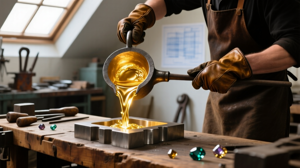 Jeweler pouring molten recycled gold from a crucible into an ingot mold on a bench, wearing thick protective leather work gloves.