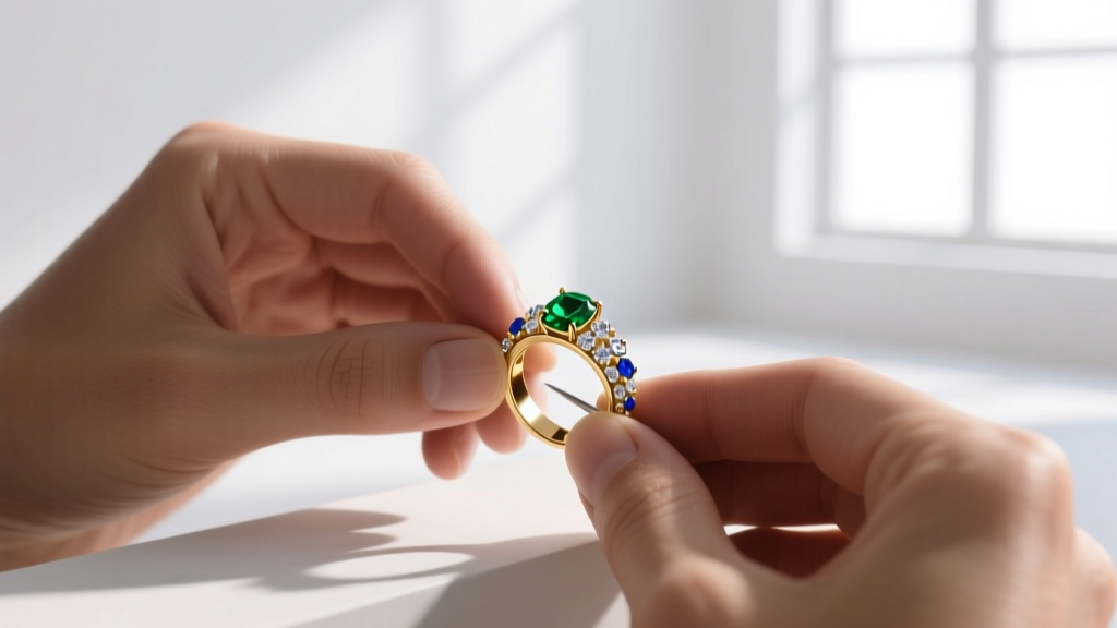 Jeweler's hands using a microfiber cloth to polish a vintage gold eagle pendant, with a loupe and polishing compound nearby.