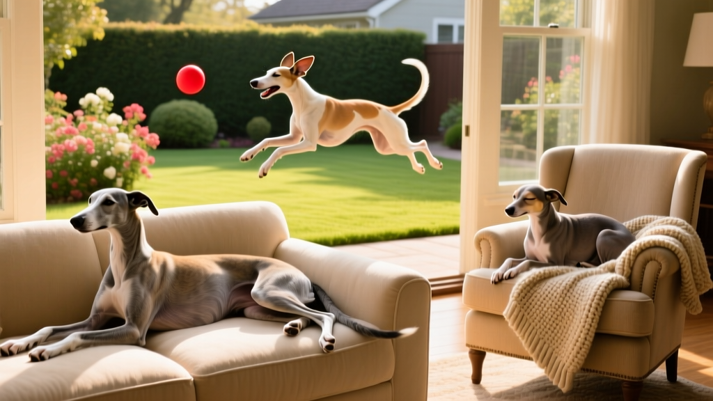 A relaxed Greyhound resting on a sofa, a Whippet playfully chasing a toy in a backyard, and an Italian Greyhound snuggled under a blanket on a lap
