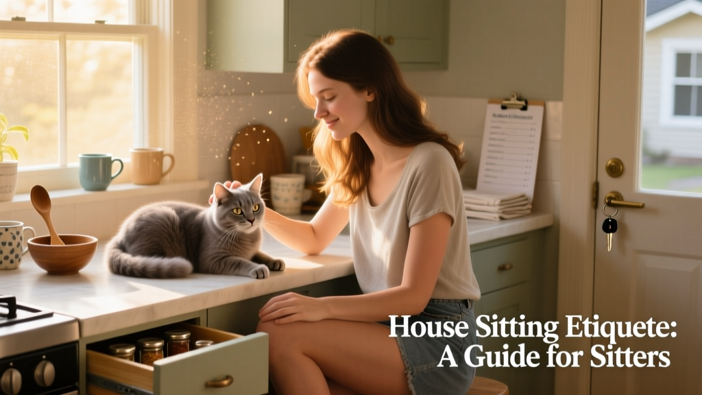 A person sitting on a kitchen counter gently stroking a fluffy grey cat