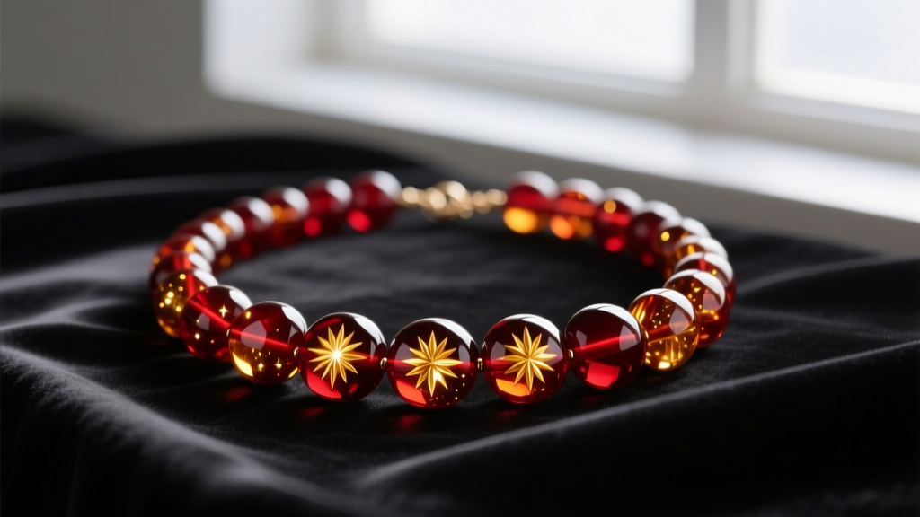 Polished cherry amber necklace with deep translucent red beads and internal sun spangle inclusions resting on dark silk fabric.