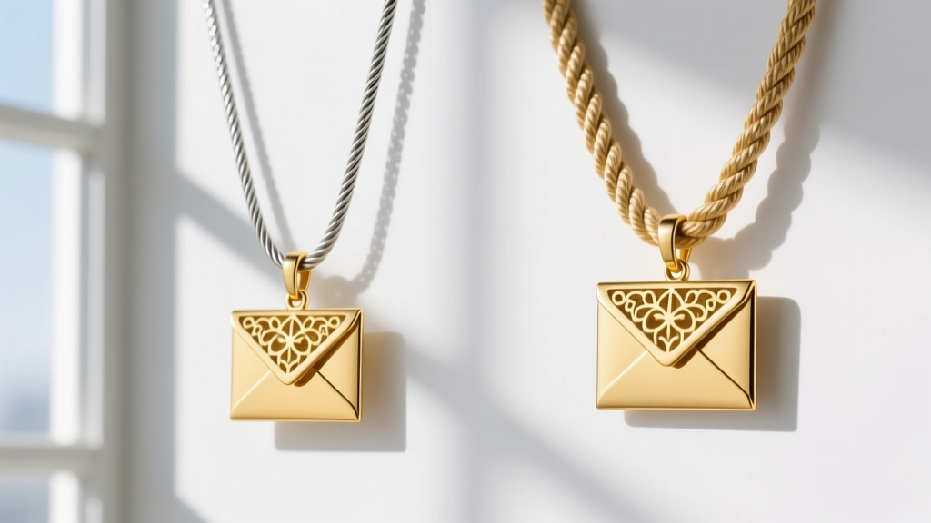 Side-by-side comparison of a delicate 0.8mm cable chain and a 1.2mm rope chain holding identical small gold envelope pendants.