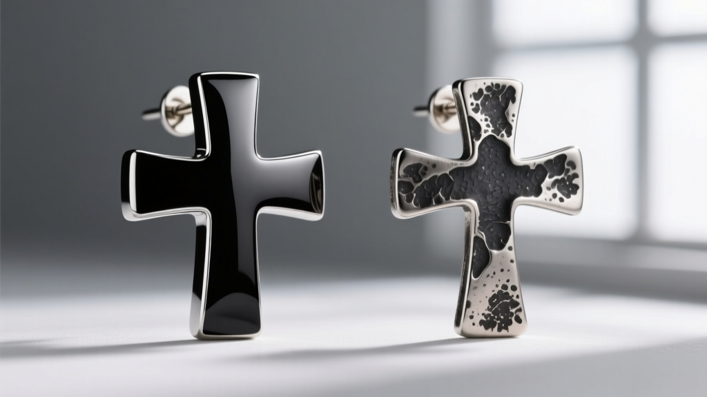 Side-by-side view of a matte black rhodium plated cross earring and a textured oxidized silver cross showing dark patina