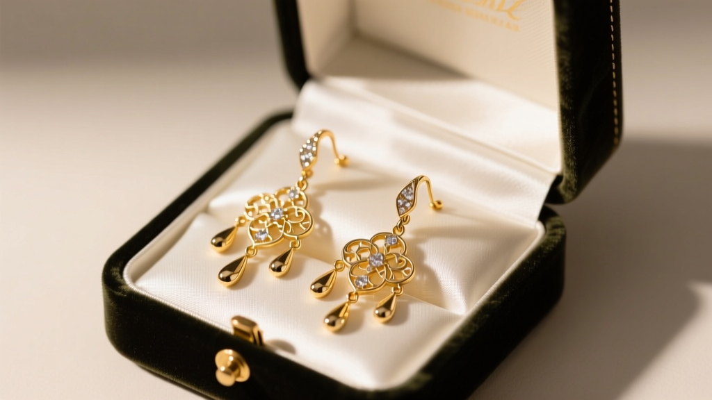 Velvet box revealing gold vermeil chandelier earrings clip-on designs resting on white satin under warm, soft studio lighting setup