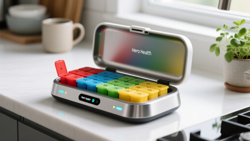 Close-up of the Hero Health smart medication dispenser tray extending with color-coded daily pill compartments on a kitchen counter