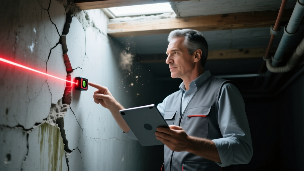 Structural engineer holding a tablet and pointing at a laser level measuring a cracked concrete stem wall in a crawl space