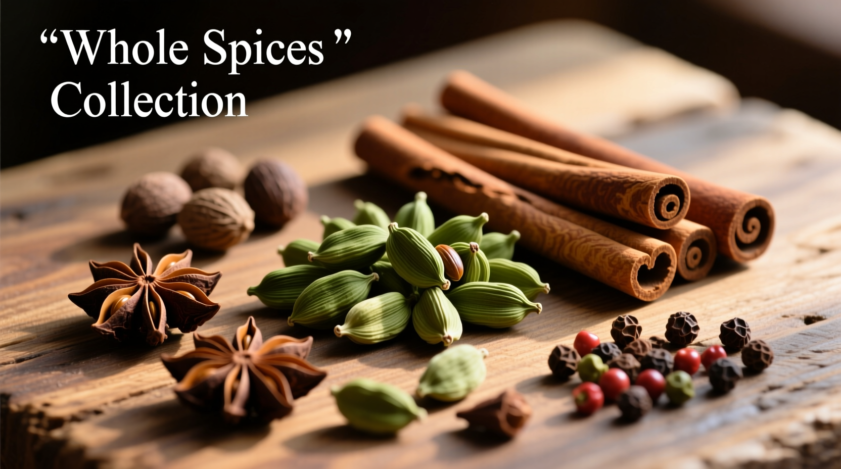 Assortment of whole spices including cardamom pods and cinnamon sticks