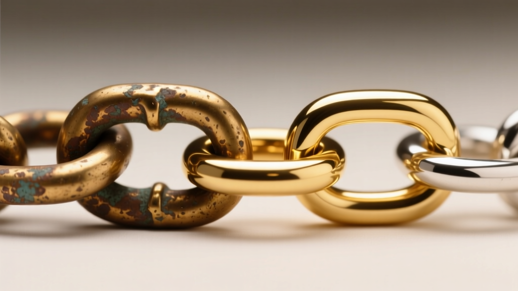 Macro shot of tarnished brass chain link beside pristine gold vermeil sterling silver link under bright jewelry loupe lighting