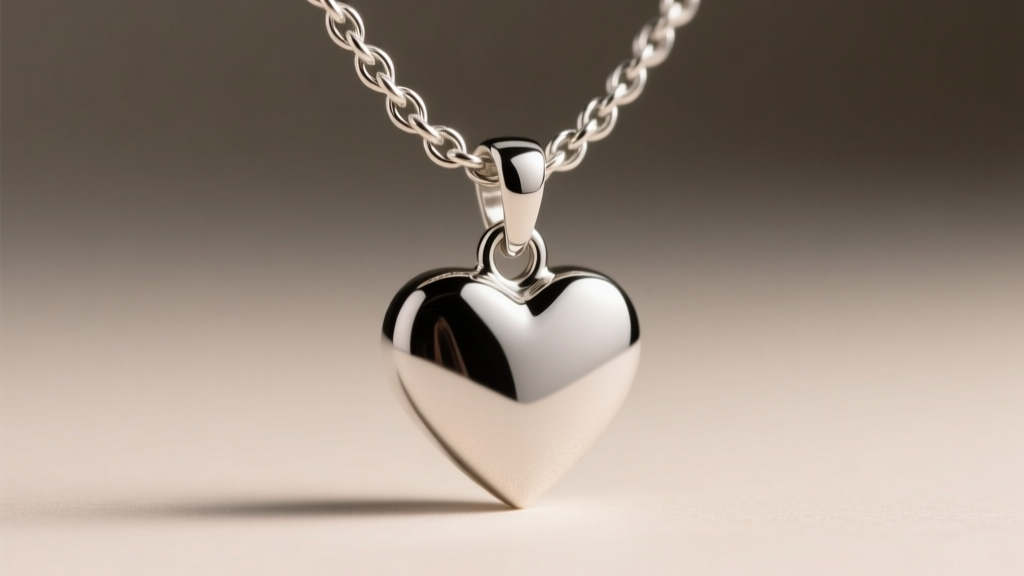 Macro view of a 1mm sterling silver rope chain threaded through a polished steel heart pendant bail under soft studio lighting.