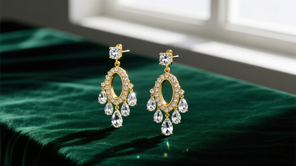 Elegant flat lay of gold-plated Elizabeth Cole statement drop earrings with clear Swarovski crystals on dark emerald velvet.