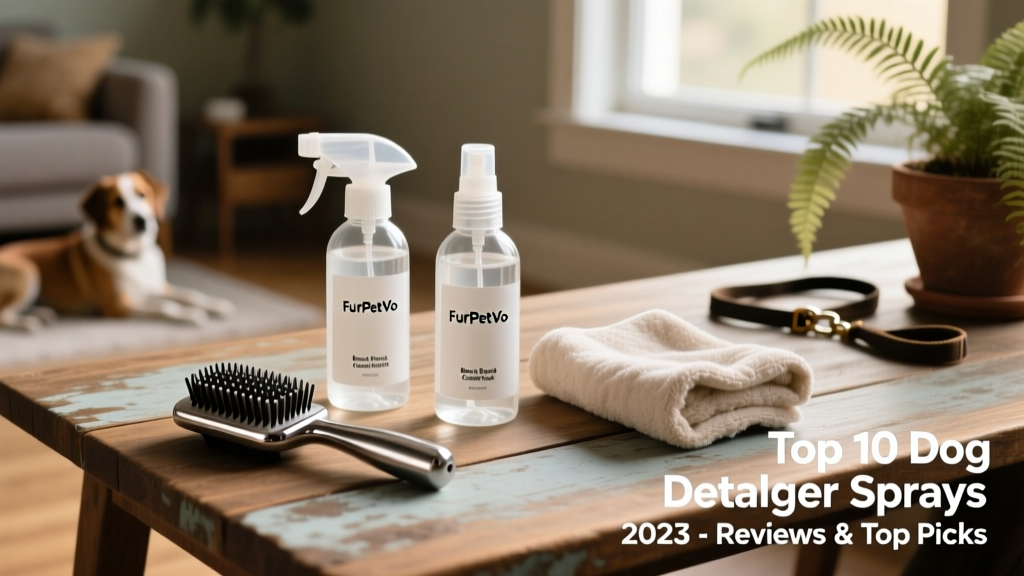 FurPetVo Breeze & Brush Combo Pack laid out neatly: two spray bottles, a sleek stainless-steel slicker brush, and a reusable cotton grooming towel