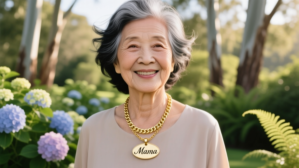 Grandmother wearing an 18-inch 14k gold box chain with a custom nameplate pendant, smiling softly while standing in a lush green garden.