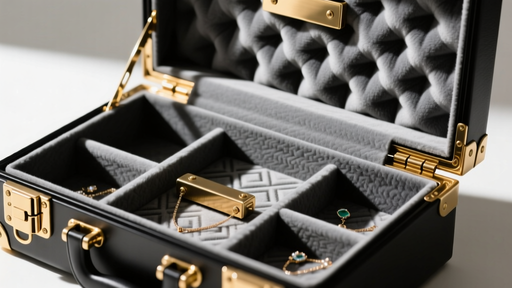 Close-up of brass piano hinges and activated carbon microfiber lining inside a heavy-duty alternative fashion jewelry storage case