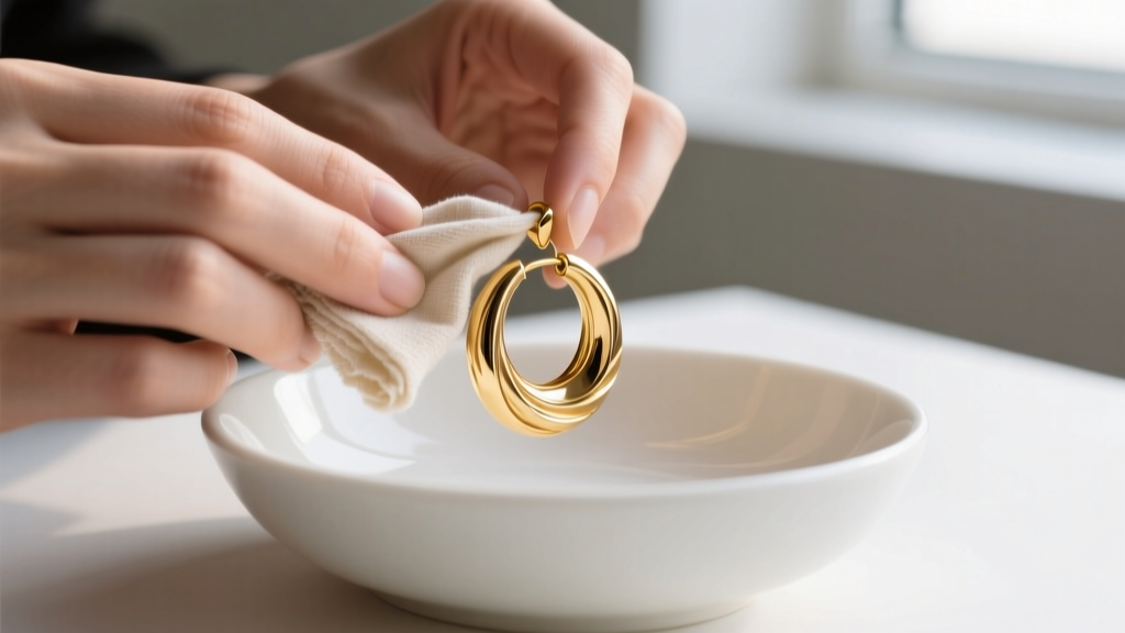 Hands gently polishing a vermeil gold hoop earring with a dry microfiber cloth over a ceramic bowl, avoiding water and chemicals