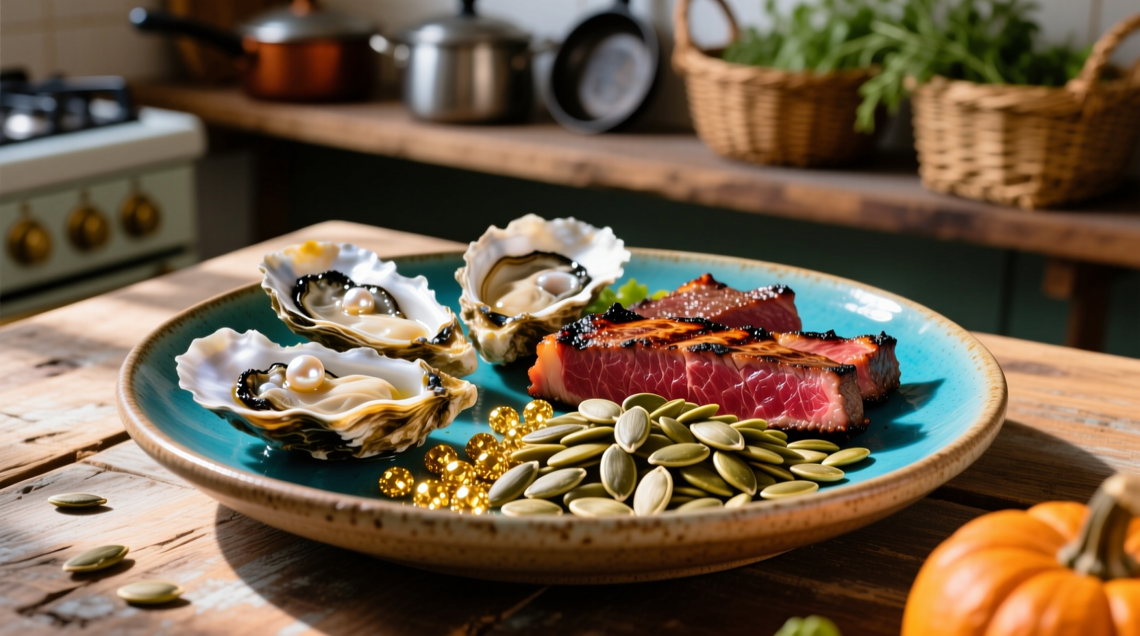 Colorful plate of zinc-rich foods including oysters, beef, and pumpkin seeds