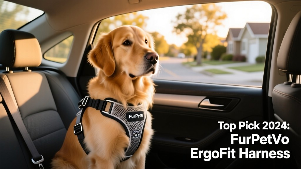 Golden Retriever sitting calmly in a car, wearing the FurPetVo ErgoFit Harness with seatbelt threaded through the safety loop