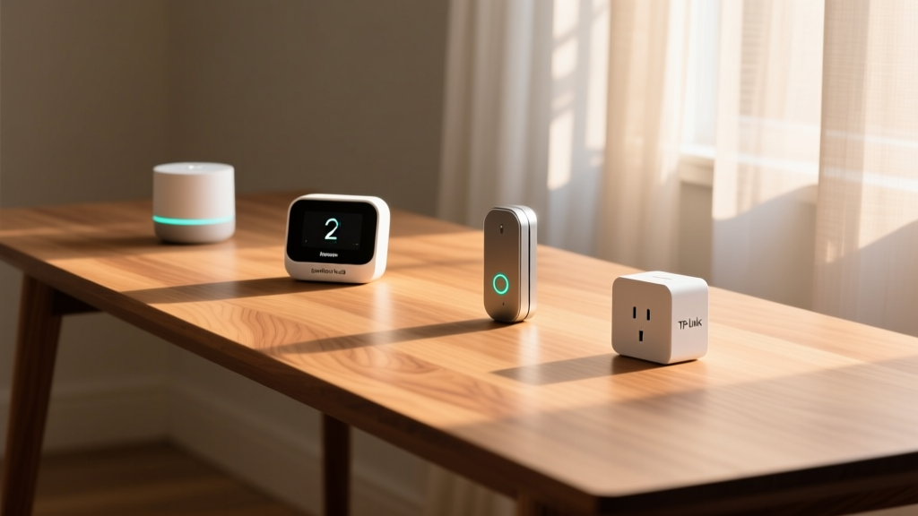 Wooden desk featuring a SwitchBot Hub 2, Aqara door sensor, and TP-Link Kasa smart plug illuminated by warm ambient lighting