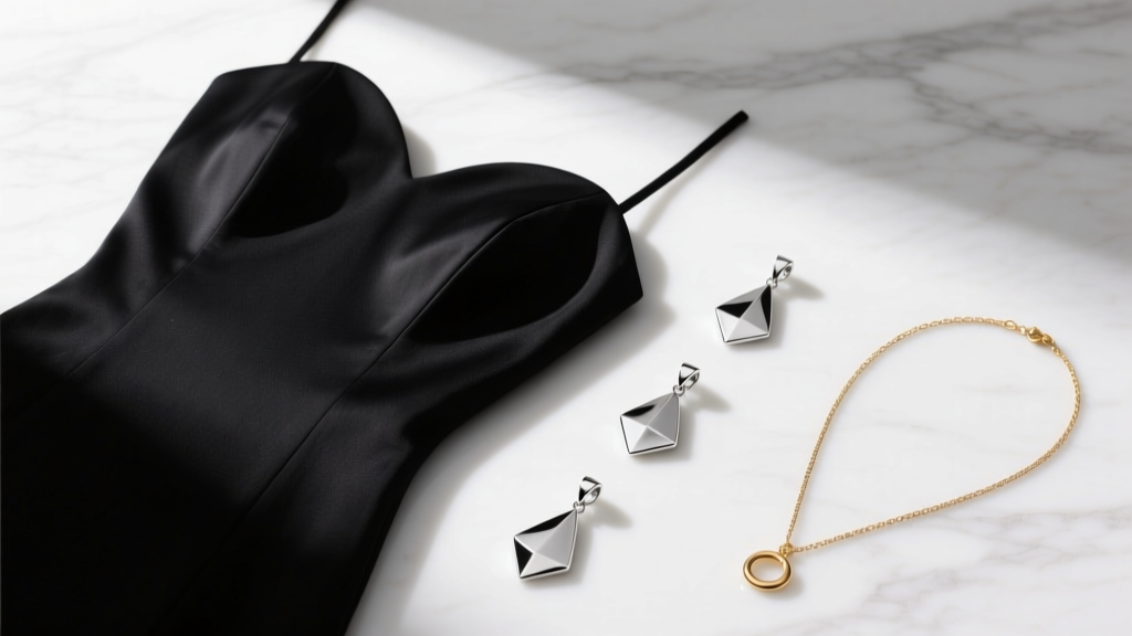 Flat lay board showing a black sweetheart dress paired with three lengths of platinum drop pendants and delicate gold lariat chain
