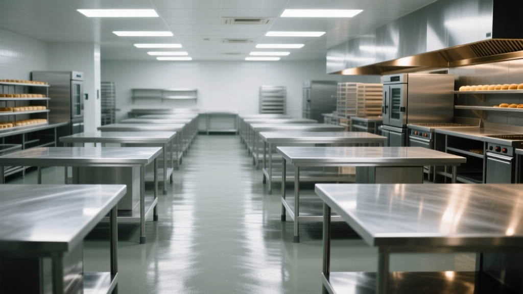 Stainless steel prep tables and polyurethane mortar flooring in a high-volume commercial pastry kitchen under bright LED washdown lighting