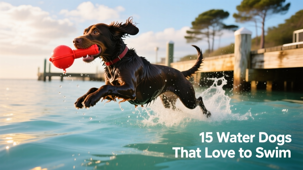 Portuguese Water Dog retrieving a buoyant toy from clear blue water