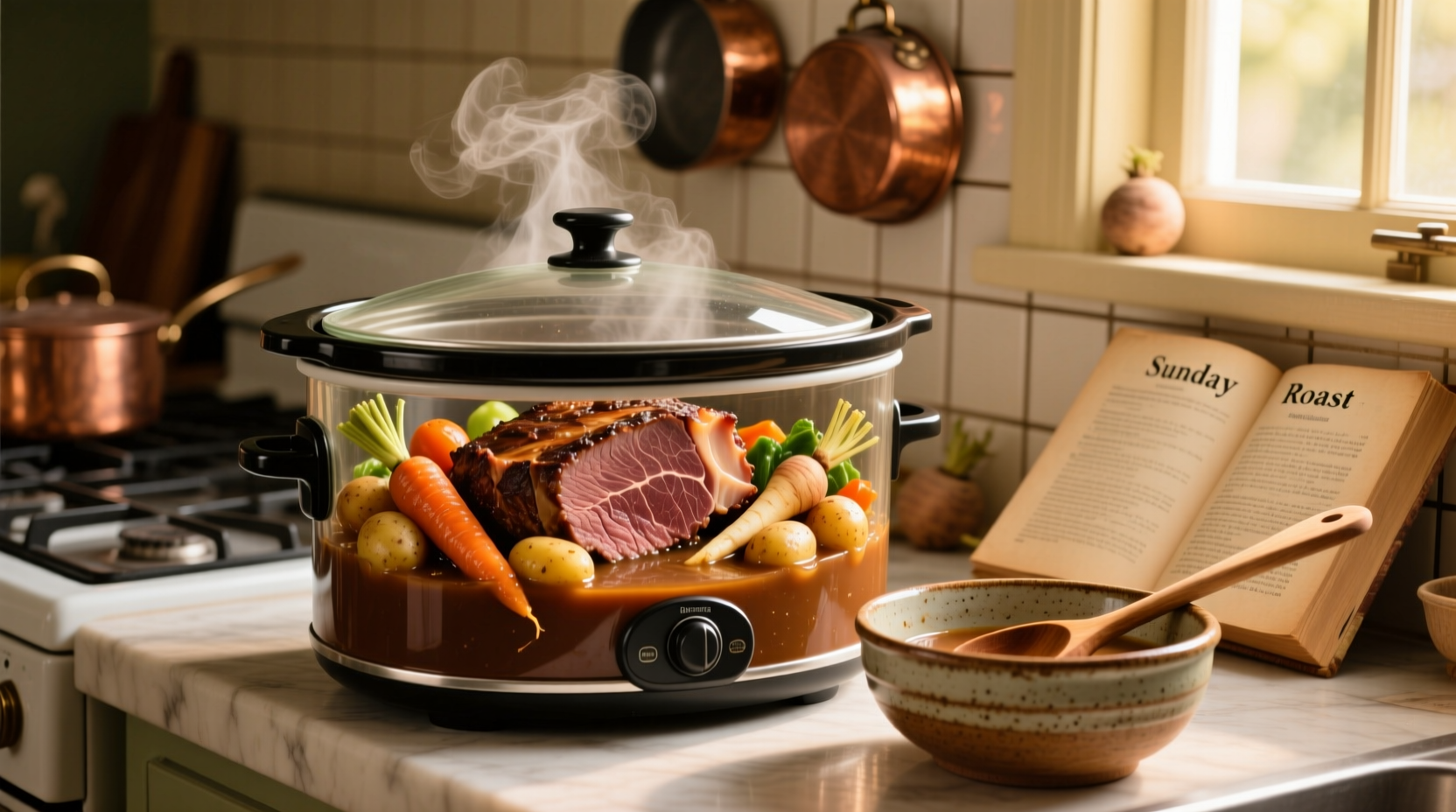 Slow cooker with tender chuck roast and vegetables