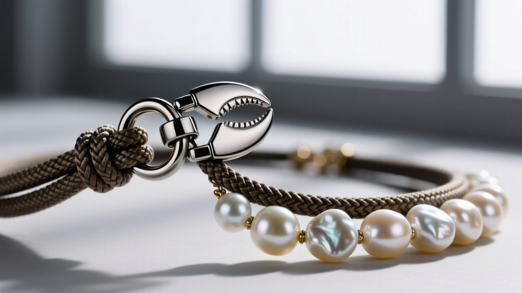 Detailed shot of a heavy-duty titanium lobster clasp attached to a thick knotted silk cord on a masculine baroque pearl necklace