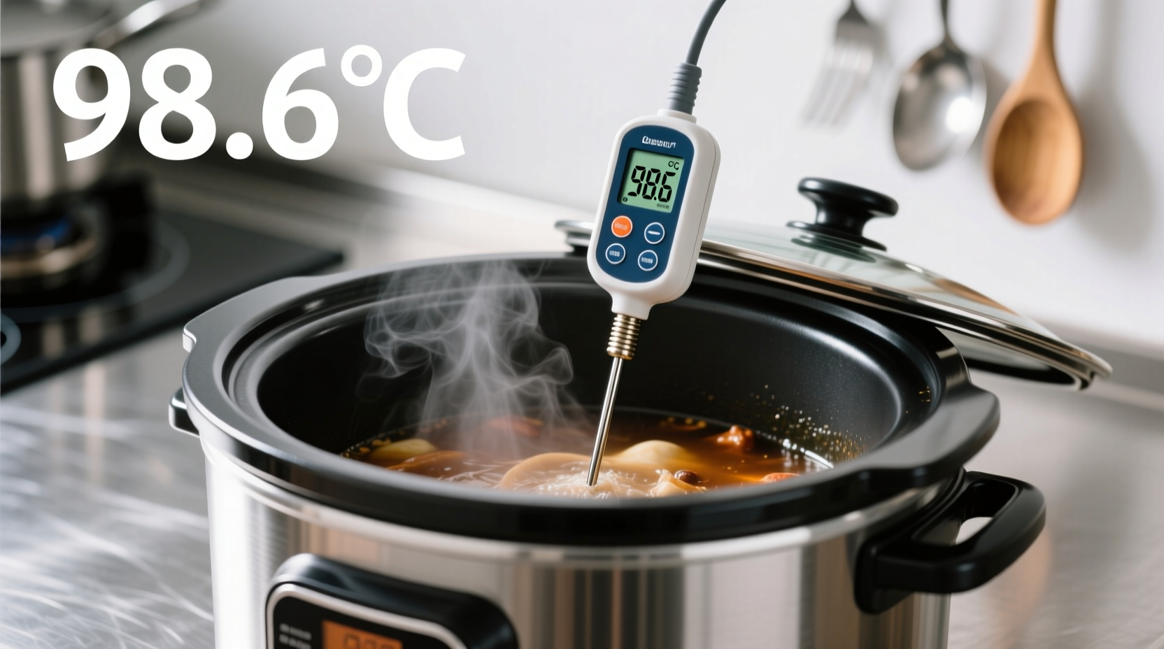 Slow cooker temperature testing with digital thermometer