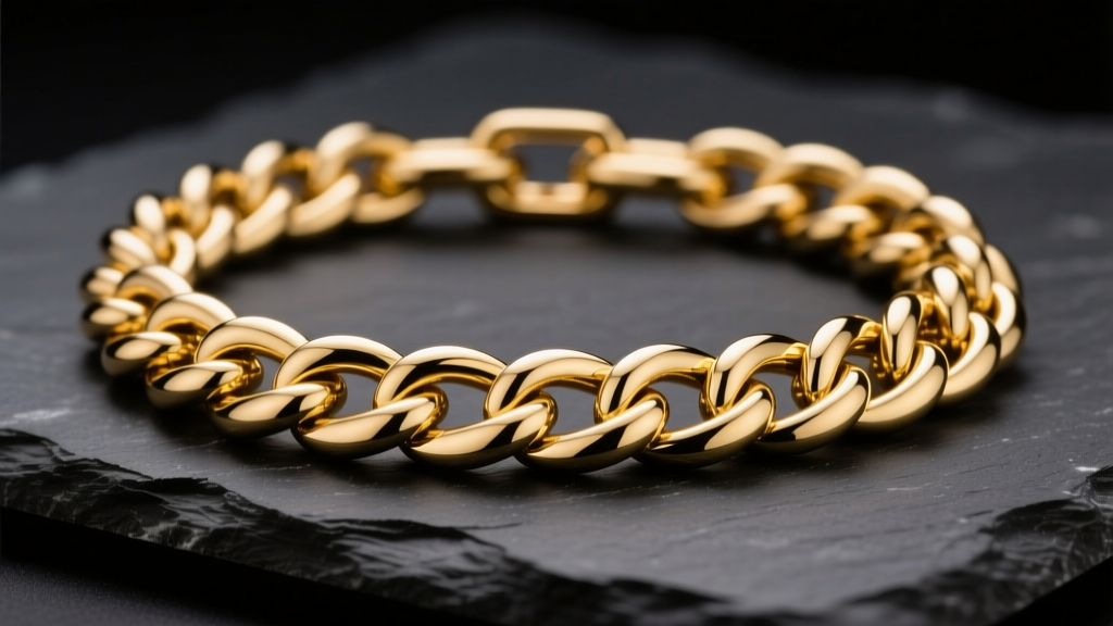 14mm 14k yellow gold Miami Cuban chain on dark slate, showing interlocking links and high polish under soft studio lighting.