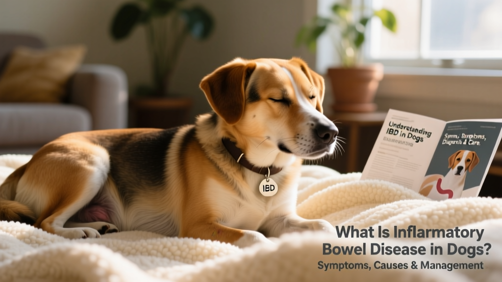 Close-up of a dog resting comfortably on a soft blanket, showing calm demeanor despite underlying digestive health concerns