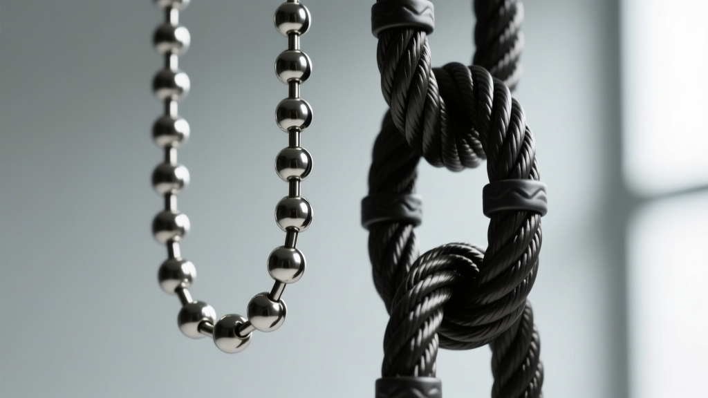 Macro shot comparing a standard 2.4mm stainless ball chain to a heavy-duty 2mm tactical cable chain with a dark matte finish.