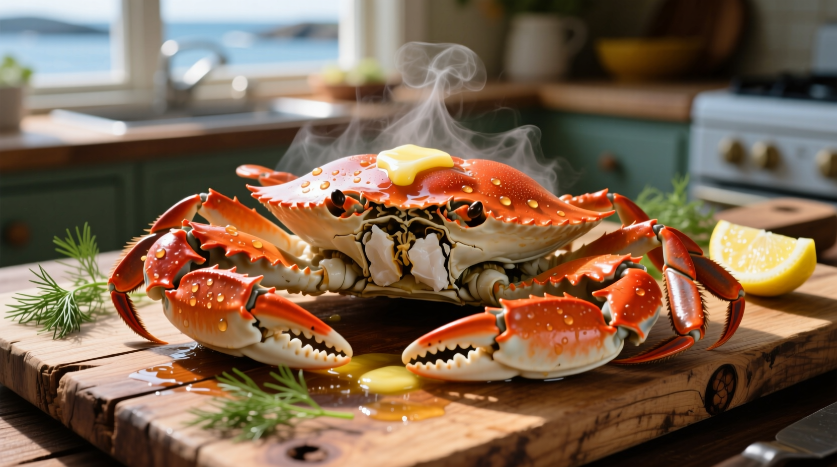 Fresh cooked Dungeness crab on wooden board