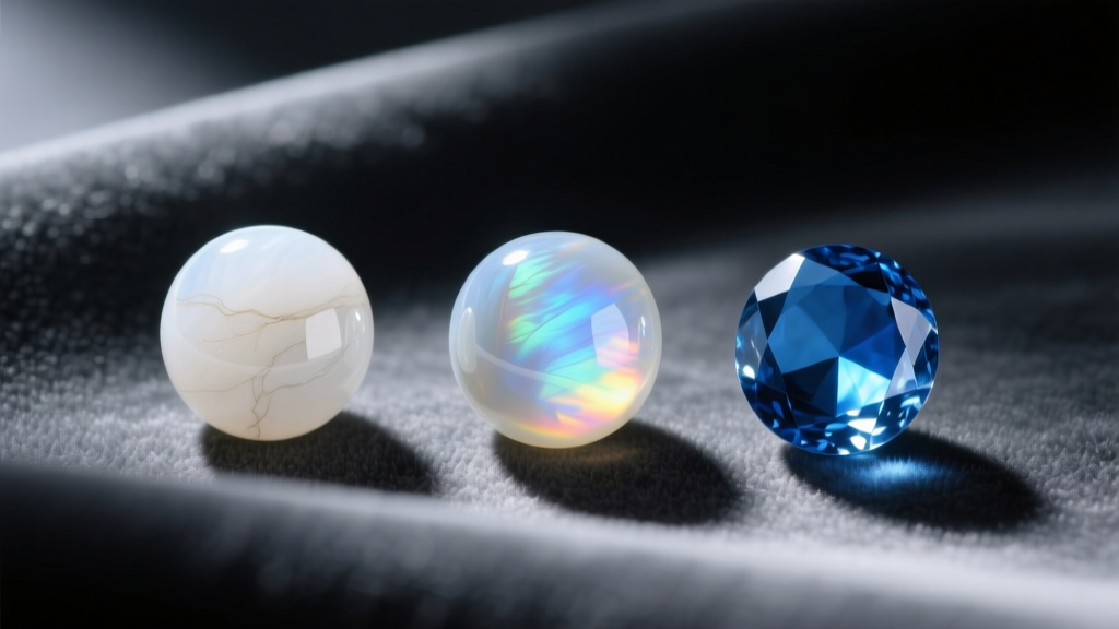 Three moonstone beads showing opaque white, translucent rainbow, and gem-quality blue sheen grades on a dark gray velvet cloth