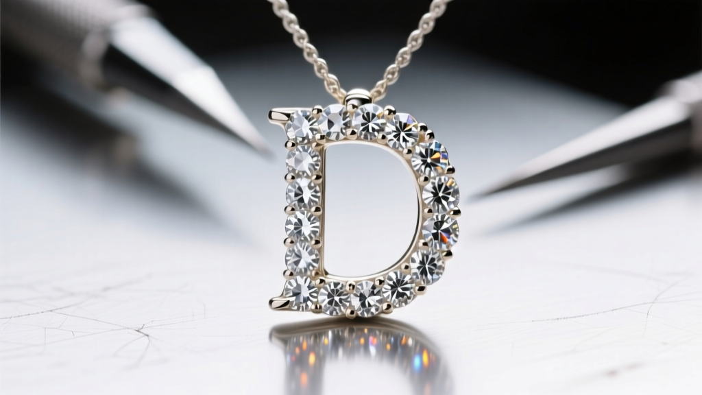 Macro shot of round brilliant melee diamonds pave-set into a white gold letter pendant by a jeweler using a stereo microscope.