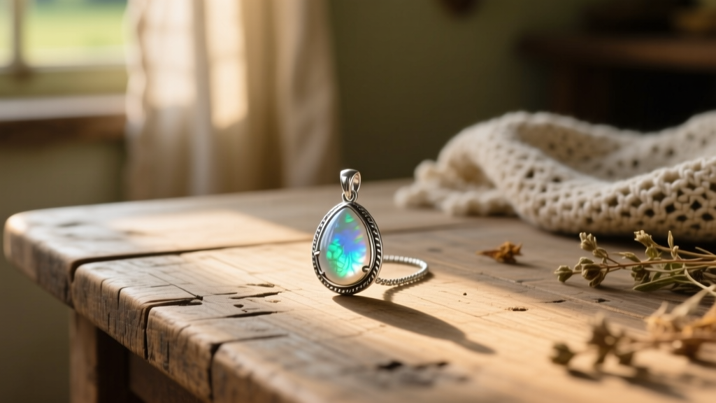 Vintage sterling silver teardrop moonstone pendant resting on a rustic wooden table in soft, cozy cottagecore lighting.