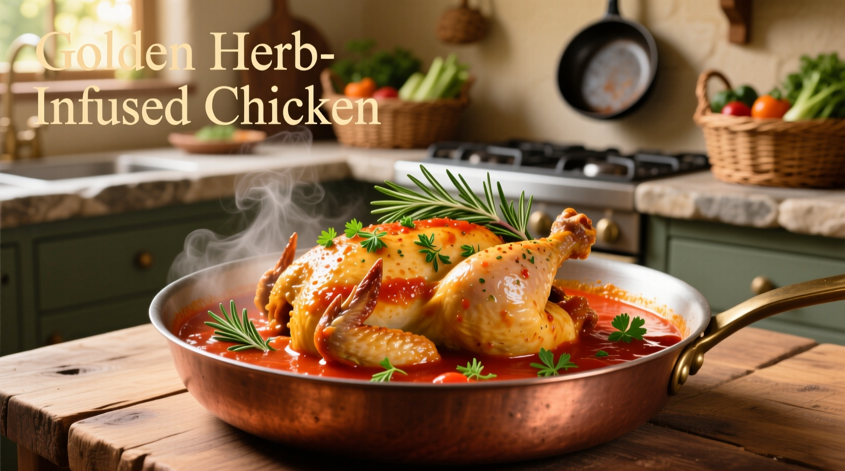 Golden chicken simmering in rich tomato sauce with fresh herbs