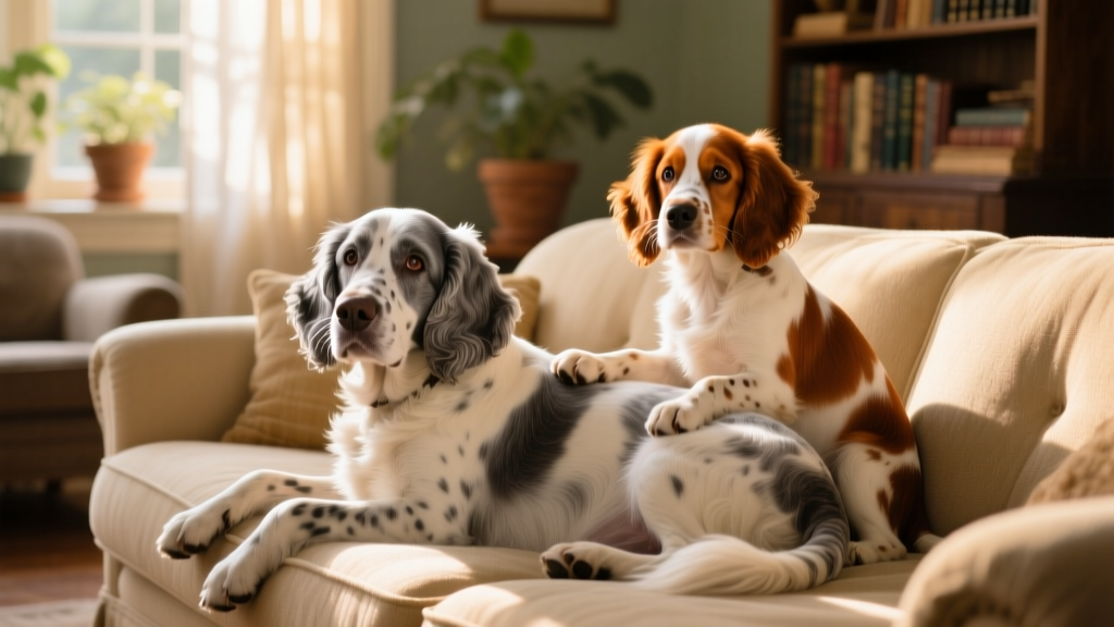 Tilly the senior dog lying calmly on the couch, tail slightly twitching, while Bentley sits nearby with hopeful eyes