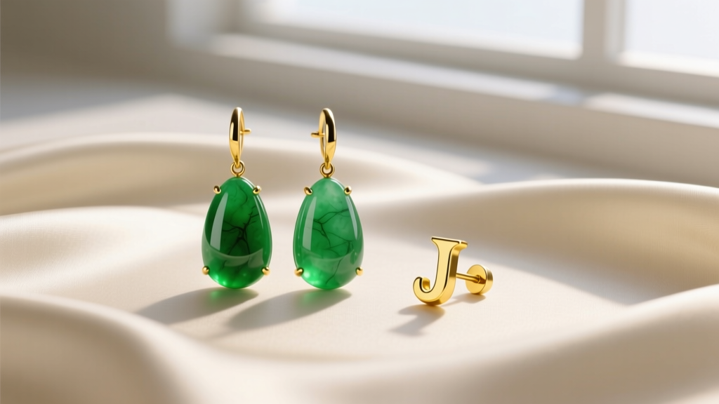 Flat lay of imperial green jadeite drop earrings and a 14k yellow gold J earring stud on cream silk fabric background