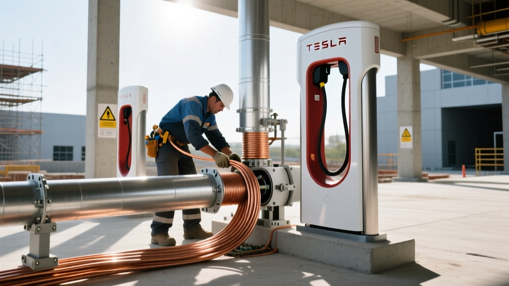 Electricians pulling heavy-gauge copper wiring through steel conduit to a concrete pad for a commercial Tesla charging station