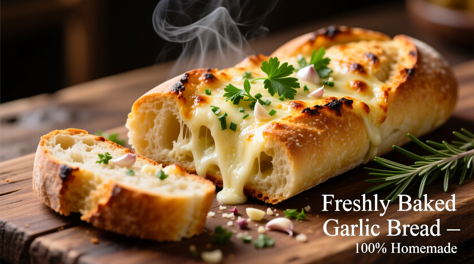 Freshly baked garlic bread with melted cheese and herbs