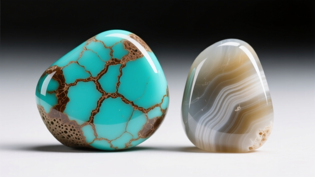 Macro shot of genuine turquoise with brown matrix beside dyed howlite, showing differences in stone veining and surface texture.