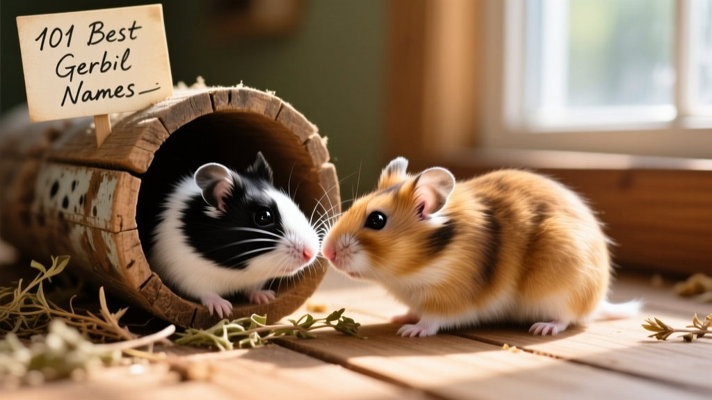 Two gerbils—one black-and-white, one golden brown—curiously sniffing a wooden tunnel together