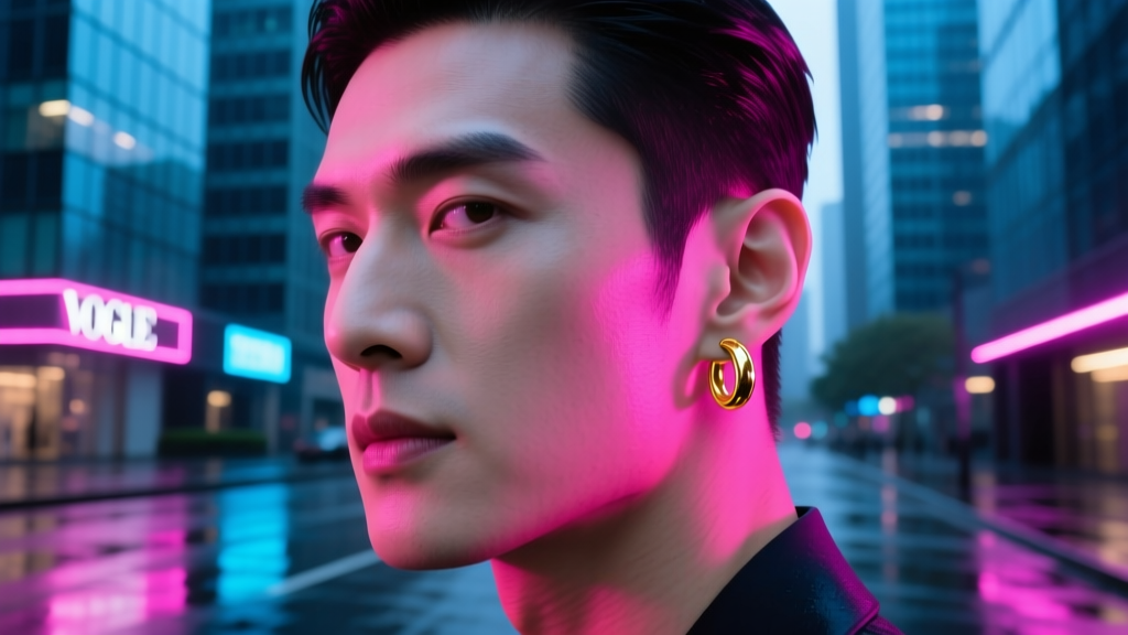 Close-up of a stylish man with a single 14-karat gold hoop in his right ear lobe, standing in a neon-lit urban setting