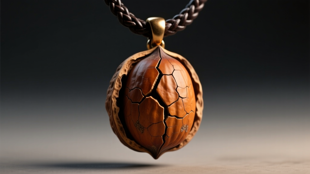 Macro view of a cracked Ohio buckeye nut pendant on dark braided leather, illuminated by warm directional light to show grain.