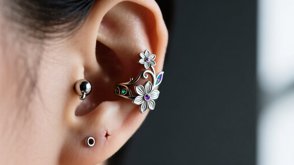 16-gauge titanium daith clicker ring with floral details in a healed ear piercing, set against a softly blurred dark background.